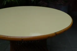 Pamono Mid-Century Round Bamboo and Wicker Garden Table with Yellow Top Discount