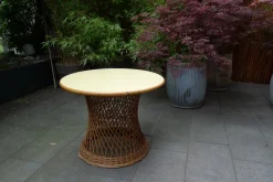 Pamono Mid-Century Round Bamboo and Wicker Garden Table with Yellow Top Discount