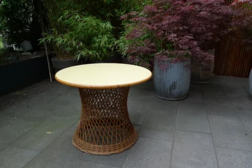 Pamono Mid-Century Round Bamboo and Wicker Garden Table with Yellow Top Discount