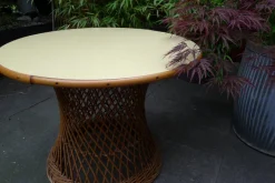 Pamono Mid-Century Round Bamboo and Wicker Garden Table with Yellow Top Discount