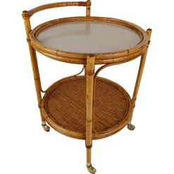 Pamono Mid-Century Round Serving Bar Cart Trolley in Bamboo & Rattan, Italy, 1960s Clearance