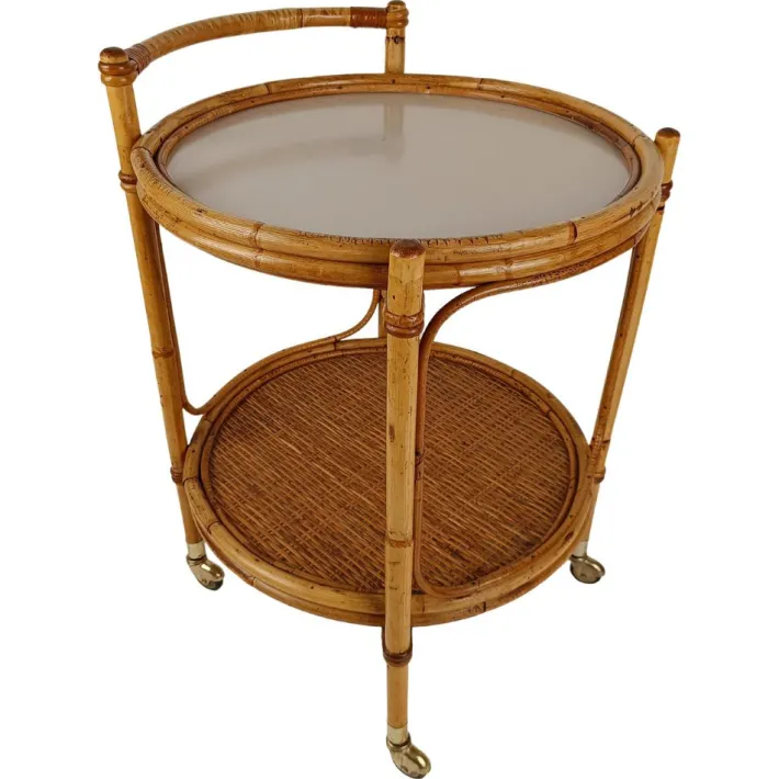 Pamono Mid-Century Round Serving Bar Cart Trolley in Bamboo & Rattan, Italy, 1960s Clearance