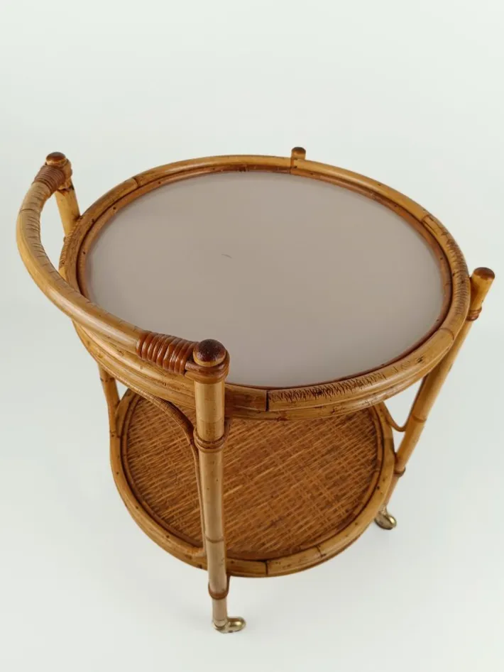 Pamono Mid-Century Round Serving Bar Cart Trolley in Bamboo & Rattan, Italy, 1960s Clearance