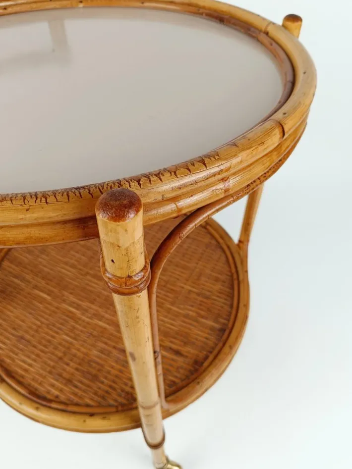 Pamono Mid-Century Round Serving Bar Cart Trolley in Bamboo & Rattan, Italy, 1960s Clearance