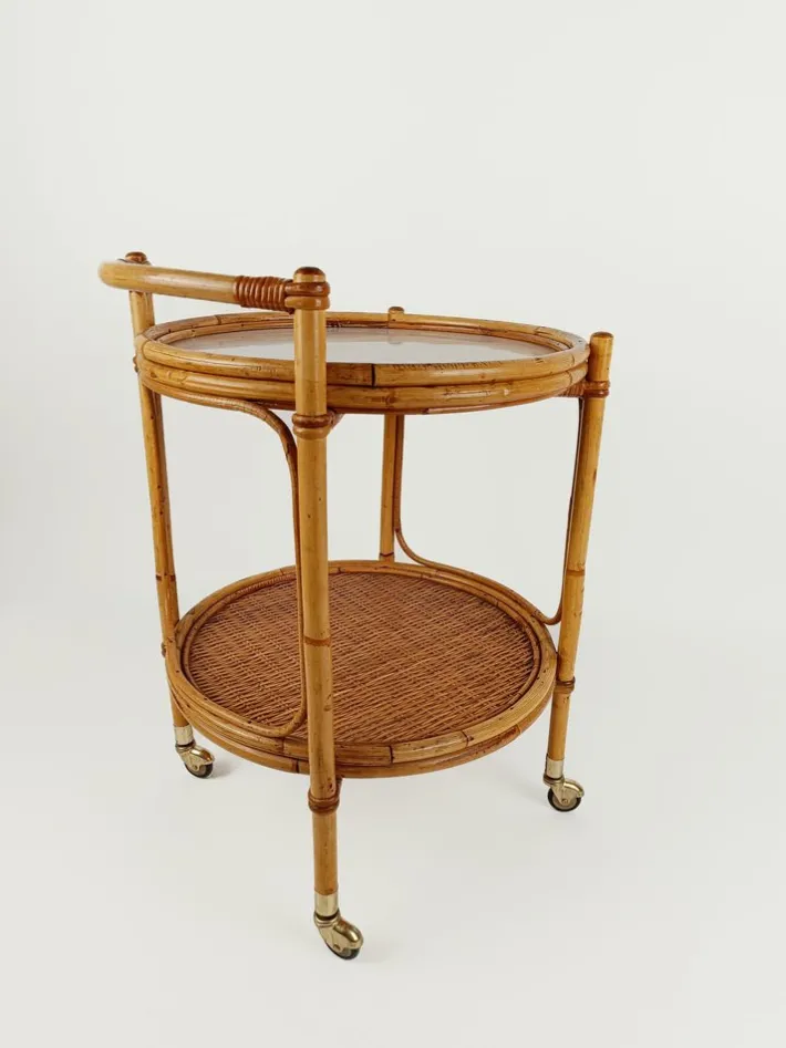 Pamono Mid-Century Round Serving Bar Cart Trolley in Bamboo & Rattan, Italy, 1960s Clearance