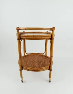 Pamono Mid-Century Round Serving Bar Cart Trolley in Bamboo & Rattan, Italy, 1960s Clearance