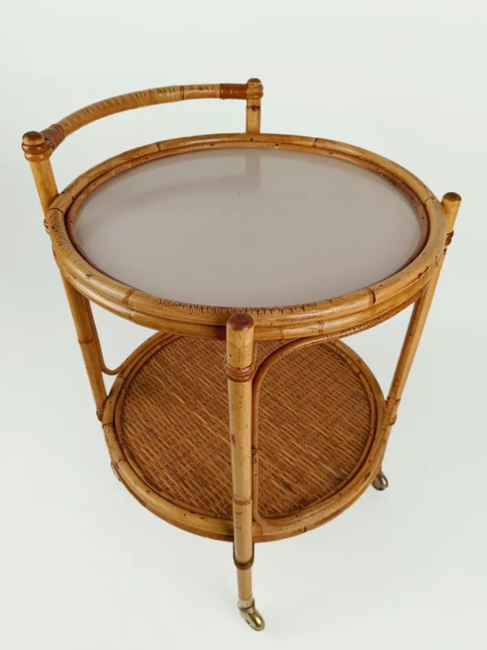 Pamono Mid-Century Round Serving Bar Cart Trolley in Bamboo & Rattan, Italy, 1960s Clearance