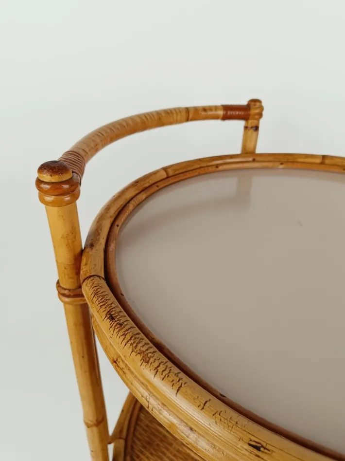 Pamono Mid-Century Round Serving Bar Cart Trolley in Bamboo & Rattan, Italy, 1960s Clearance