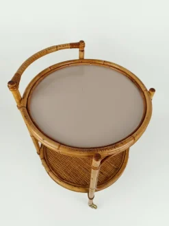 Pamono Mid-Century Round Serving Bar Cart Trolley in Bamboo & Rattan, Italy, 1960s Clearance