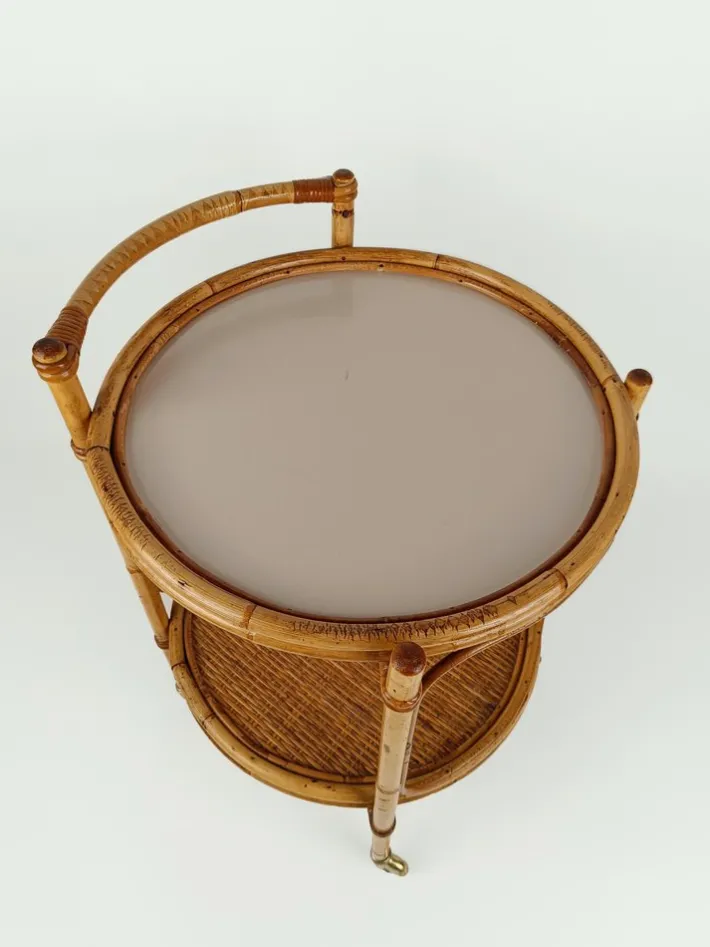Pamono Mid-Century Round Serving Bar Cart Trolley in Bamboo & Rattan, Italy, 1960s Clearance