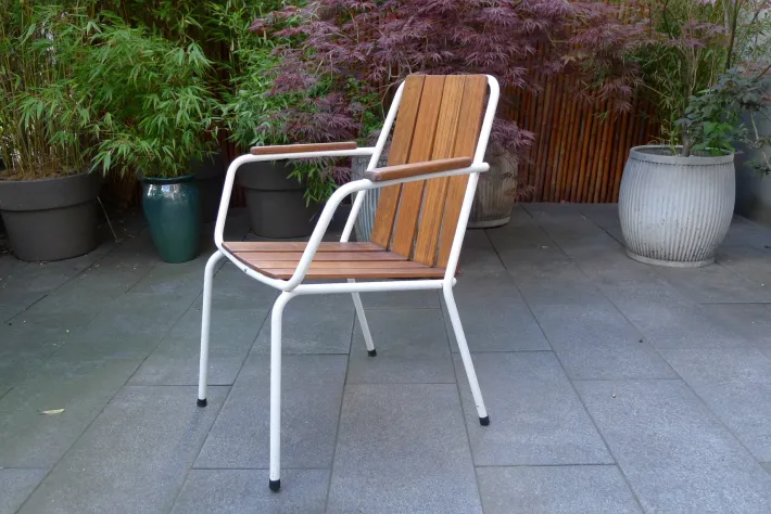 Pamono Mid-Century Scandinavian Teak and Tubular Steel Stacking Garden Chair from Daneline, 1960s Sale