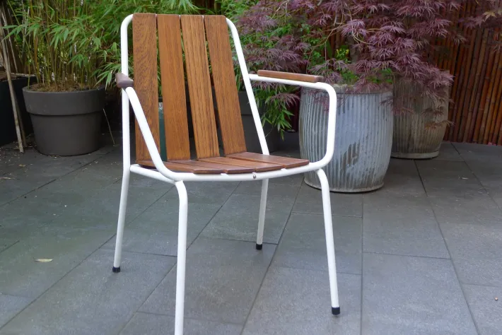 Pamono Mid-Century Scandinavian Teak and Tubular Steel Stacking Garden Chair from Daneline, 1960s Sale