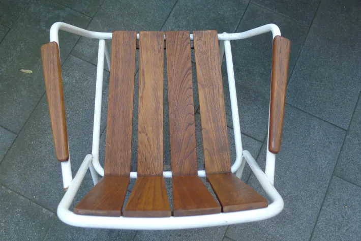 Pamono Mid-Century Scandinavian Teak and Tubular Steel Stacking Garden Chair from Daneline, 1960s Sale