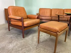 Pamono Mid-Century Teak and Leather Living Room Set, 1960s, Set of 4 New