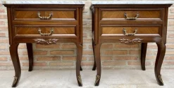 Pamono Mid-Century Walnut Nightstands with Drawers and Marble Tops, 1950s, Set of 2 Best