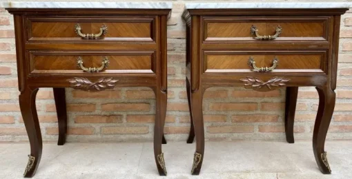 Pamono Mid-Century Walnut Nightstands with Drawers and Marble Tops, 1950s, Set of 2 Best