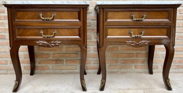 Pamono Mid-Century Walnut Nightstands with Drawers and Marble Tops, 1950s, Set of 2 Best
