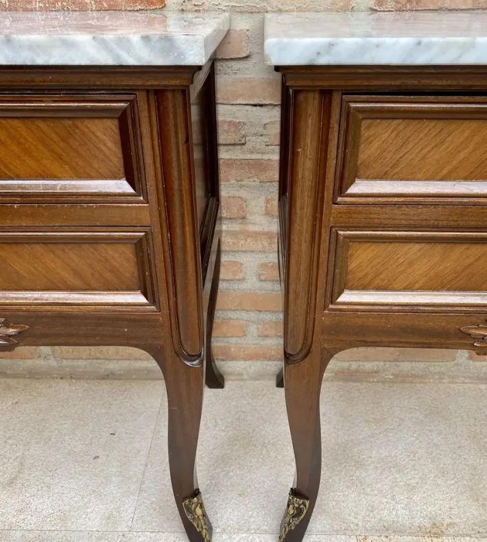 Pamono Mid-Century Walnut Nightstands with Drawers and Marble Tops, 1950s, Set of 2 Best
