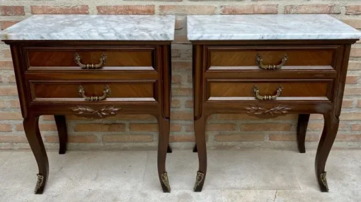 Pamono Mid-Century Walnut Nightstands with Drawers and Marble Tops, 1950s, Set of 2 Best