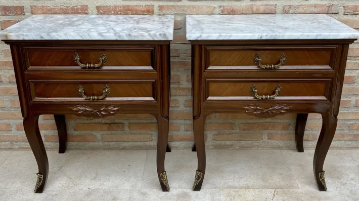 Pamono Mid-Century Walnut Nightstands with Drawers and Marble Tops, 1950s, Set of 2 Best