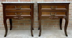 Pamono Mid-Century Walnut Nightstands with Drawers and Marble Tops, 1950s, Set of 2 Best