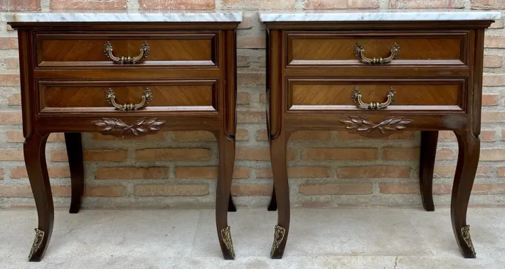 Pamono Mid-Century Walnut Nightstands with Drawers and Marble Tops, 1950s, Set of 2 Best