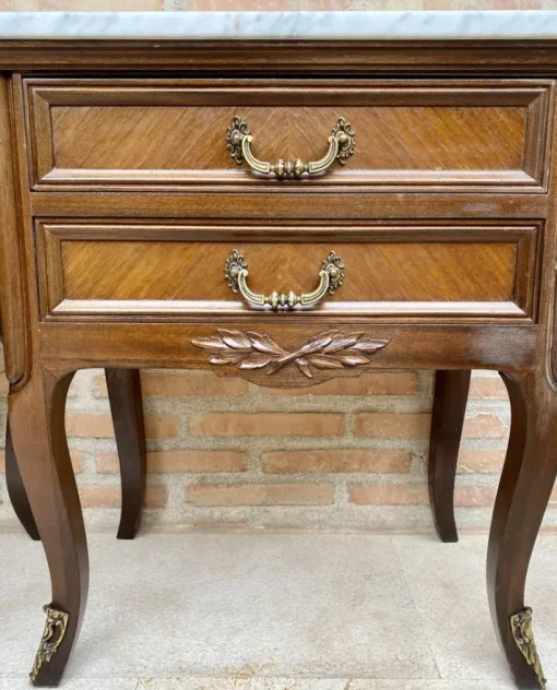 Pamono Mid-Century Walnut Nightstands with Drawers and Marble Tops, 1950s, Set of 2 Best