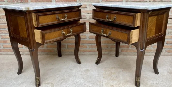 Pamono Mid-Century Walnut Nightstands with Drawers and Marble Tops, 1950s, Set of 2 Best