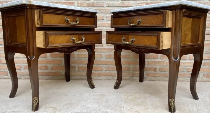 Pamono Mid-Century Walnut Nightstands with Drawers and Marble Tops, 1950s, Set of 2 Best