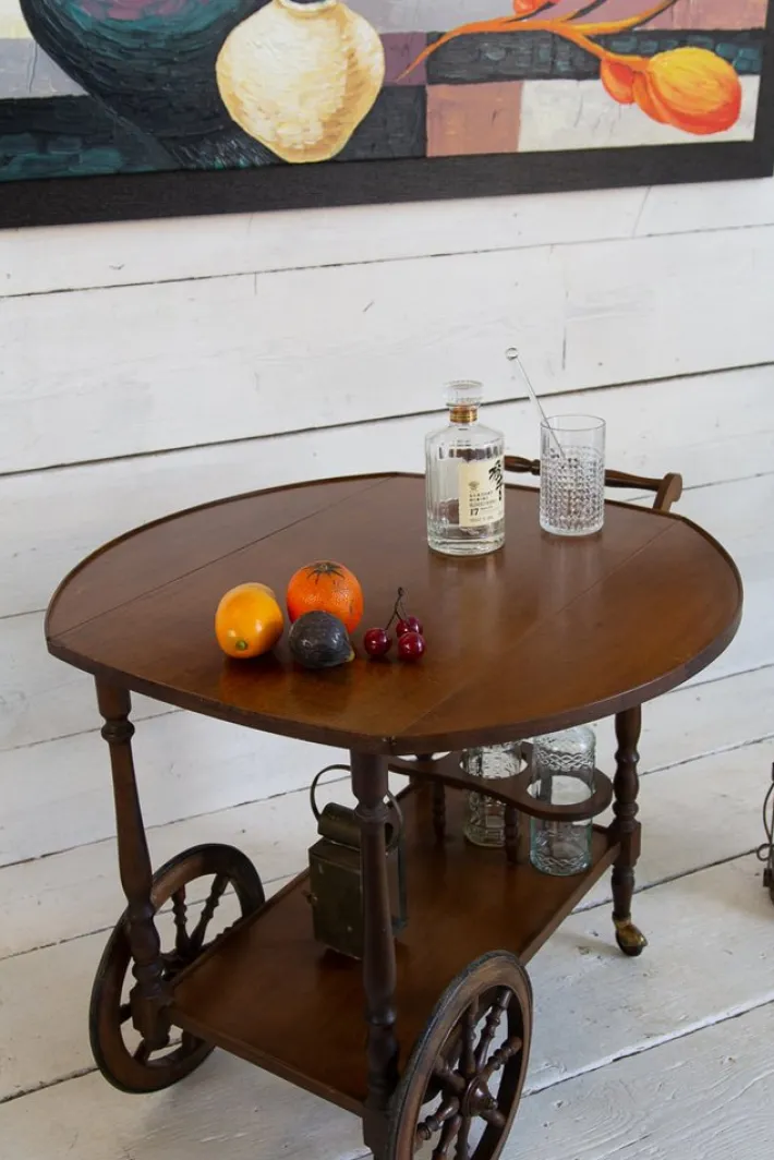 Pamono Mid-Century Wooden Bar Trolley with Stripes, 1960s New