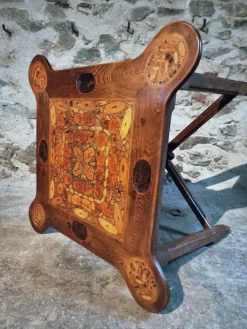 Pamono Mid-20th Century French Elm Marquetry Game Table with Intarsia Inlay and Round Corner Cutouts, 1950s Sale