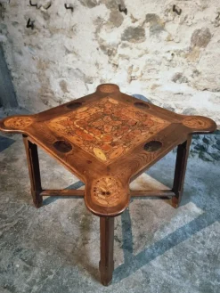 Pamono Mid-20th Century French Elm Marquetry Game Table with Intarsia Inlay and Round Corner Cutouts, 1950s Sale