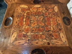 Pamono Mid-20th Century French Elm Marquetry Game Table with Intarsia Inlay and Round Corner Cutouts, 1950s Sale