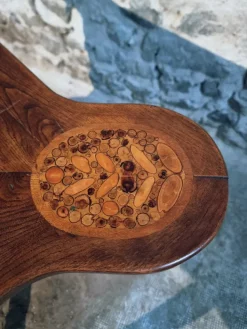 Pamono Mid-20th Century French Elm Marquetry Game Table with Intarsia Inlay and Round Corner Cutouts, 1950s Sale