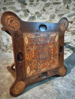 Pamono Mid-20th Century French Elm Marquetry Game Table with Intarsia Inlay and Round Corner Cutouts, 1950s Sale