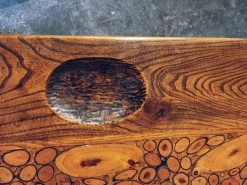 Pamono Mid-20th Century French Elm Marquetry Game Table with Intarsia Inlay and Round Corner Cutouts, 1950s Sale