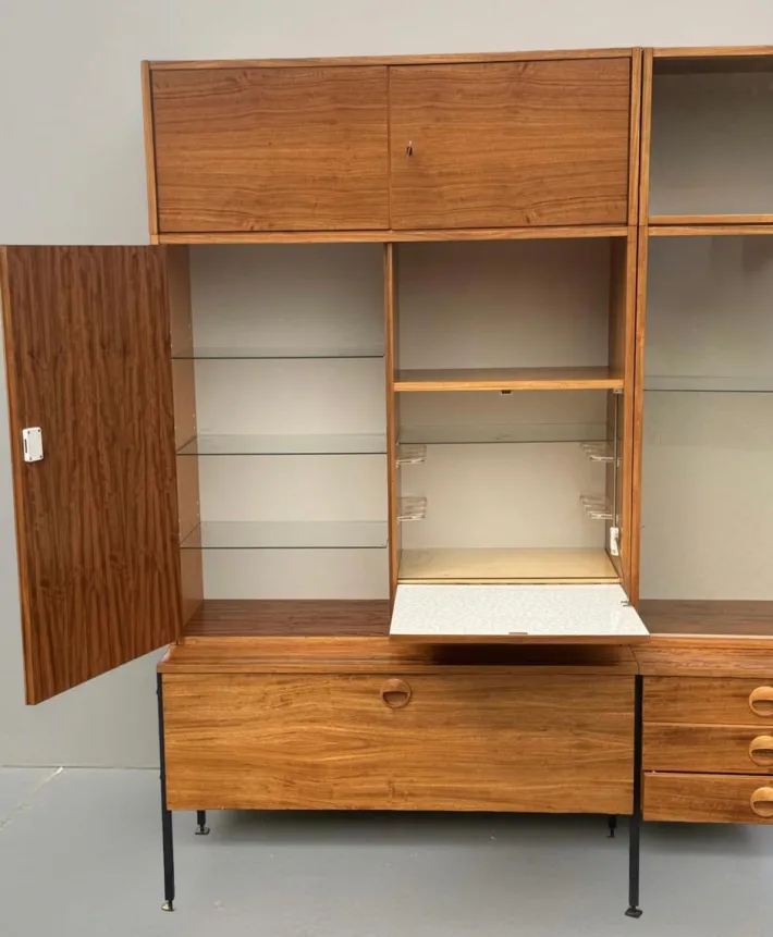 Pamono Model 430 Modular Wall System with Bar, Secretary and Display Cabinet in Walnut by Joachim Nebelung for Hellerau, 1973 Hot