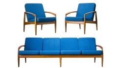 Pamono Model 121 Paper Knife Easy Chairs and Sofa by Kai Kristiansen for Magnus Olesen, 1960s, Set of 3 Sale