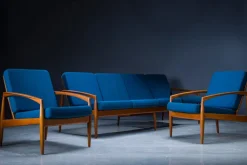 Pamono Model 121 Paper Knife Easy Chairs and Sofa by Kai Kristiansen for Magnus Olesen, 1960s, Set of 3 Sale