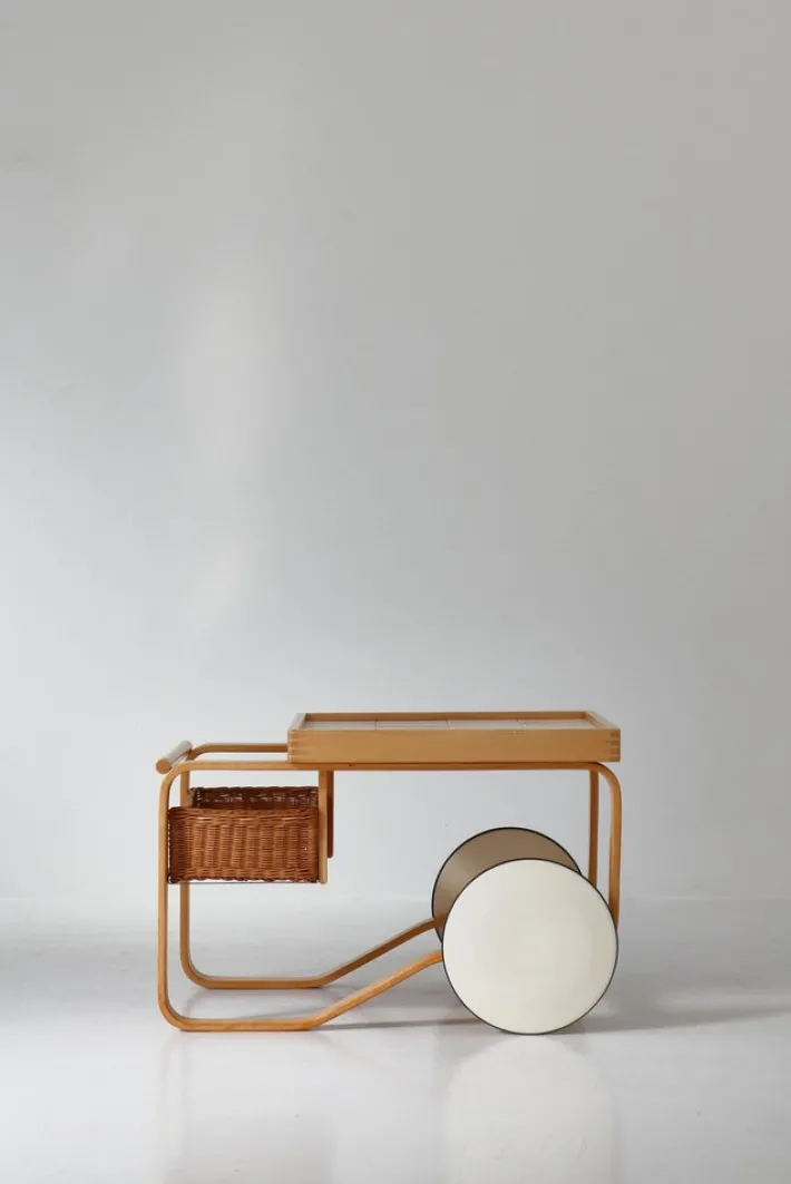 Pamono Model 900 Tea Trolley with White Ceramic Tiles & Rattan Basket attributed to Alvar Aalto for Artek, 1960s Hot