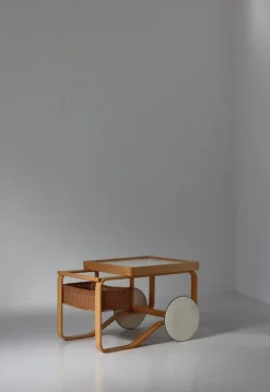 Pamono Model 900 Tea Trolley with White Ceramic Tiles & Rattan Basket attributed to Alvar Aalto for Artek, 1960s Hot
