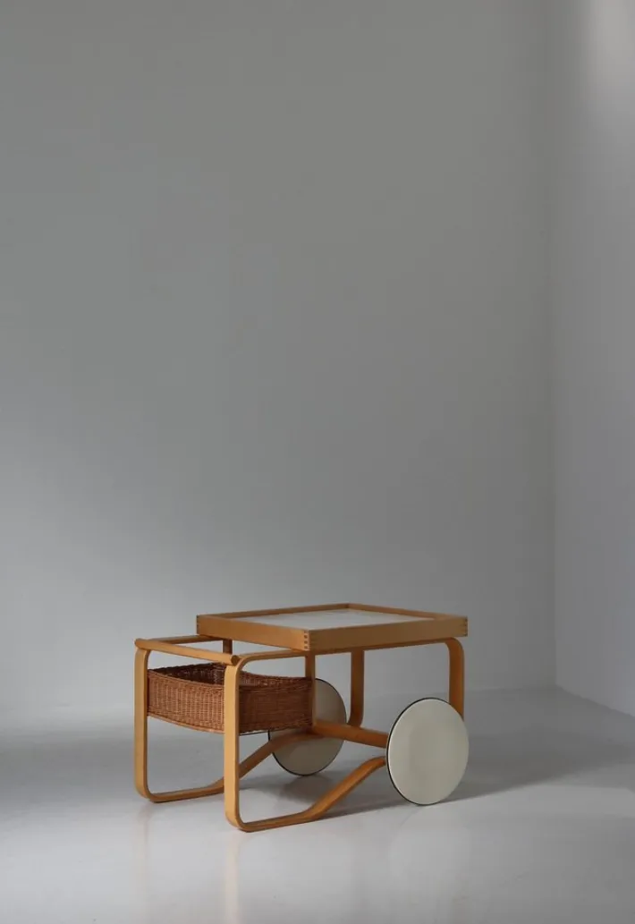 Pamono Model 900 Tea Trolley with White Ceramic Tiles & Rattan Basket attributed to Alvar Aalto for Artek, 1960s Hot
