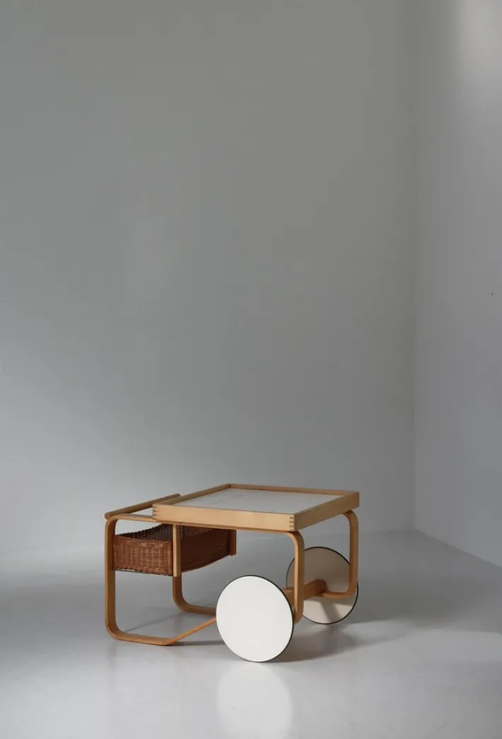 Pamono Model 900 Tea Trolley with White Ceramic Tiles & Rattan Basket attributed to Alvar Aalto for Artek, 1960s Hot
