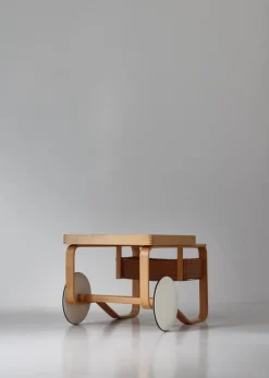 Pamono Model 900 Tea Trolley with White Ceramic Tiles & Rattan Basket attributed to Alvar Aalto for Artek, 1960s Hot