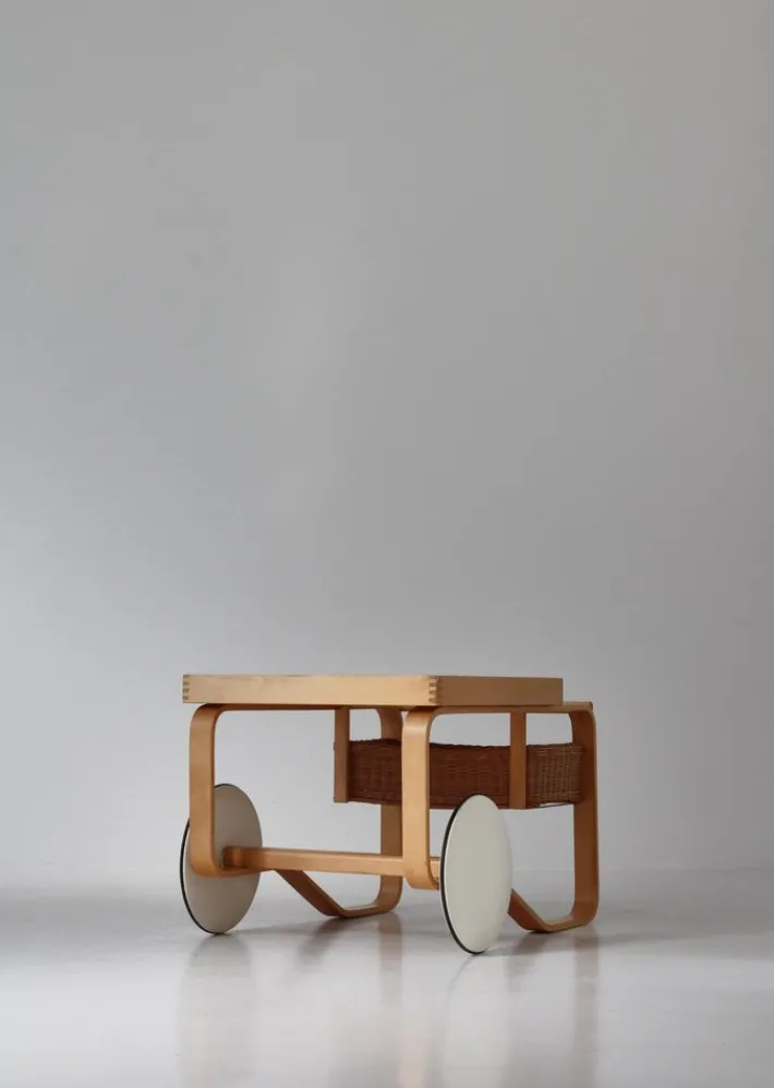 Pamono Model 900 Tea Trolley with White Ceramic Tiles & Rattan Basket attributed to Alvar Aalto for Artek, 1960s Hot