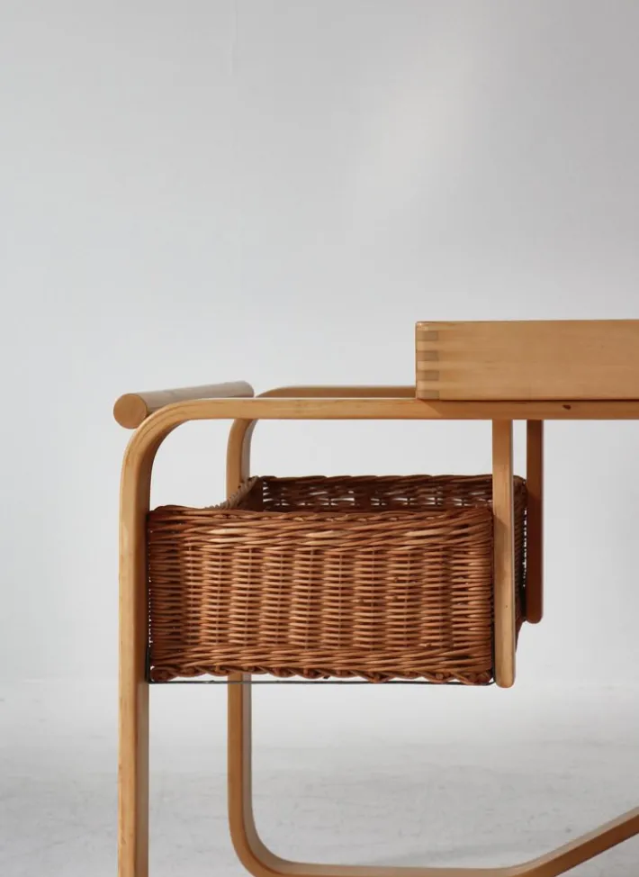 Pamono Model 900 Tea Trolley with White Ceramic Tiles & Rattan Basket attributed to Alvar Aalto for Artek, 1960s Hot