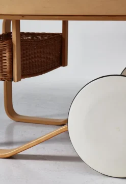 Pamono Model 900 Tea Trolley with White Ceramic Tiles & Rattan Basket attributed to Alvar Aalto for Artek, 1960s Hot
