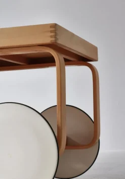 Pamono Model 900 Tea Trolley with White Ceramic Tiles & Rattan Basket attributed to Alvar Aalto for Artek, 1960s Hot