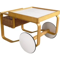 Pamono Modern Finnish Wood, Wicker Cart Tea Trolley 900 attributed to Alvar Aalto for Artek, 1970s Clearance