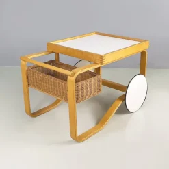 Pamono Modern Finnish Wood, Wicker Cart Tea Trolley 900 attributed to Alvar Aalto for Artek, 1970s Clearance